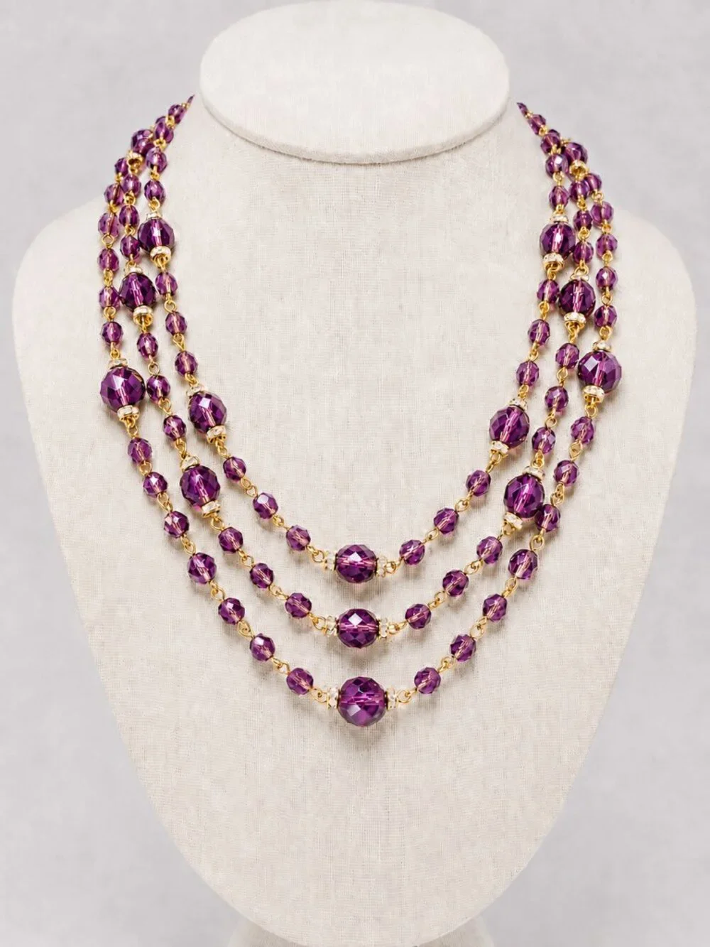 Vintage Sequin New York Triple-Strand Purple Glass Bead Necklace